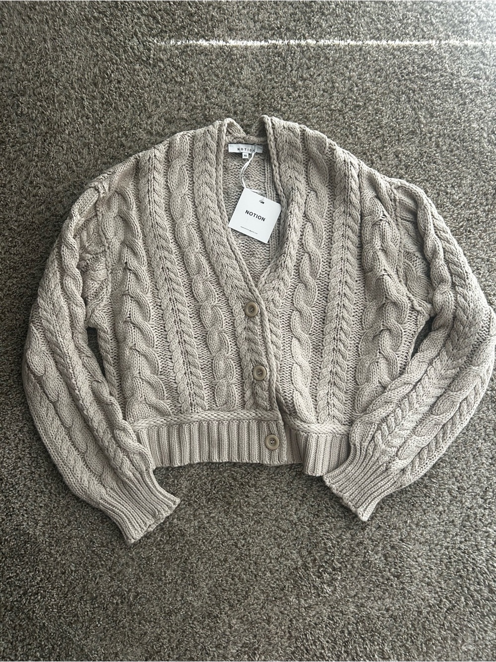 Cable-Knit V-Neck Cropped Cardigan - Beige